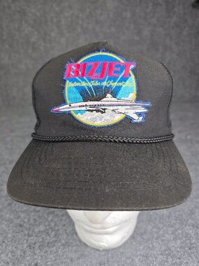 Vintage 80s Bizjet International Aviation Trucker Rope Hat Snapback Black